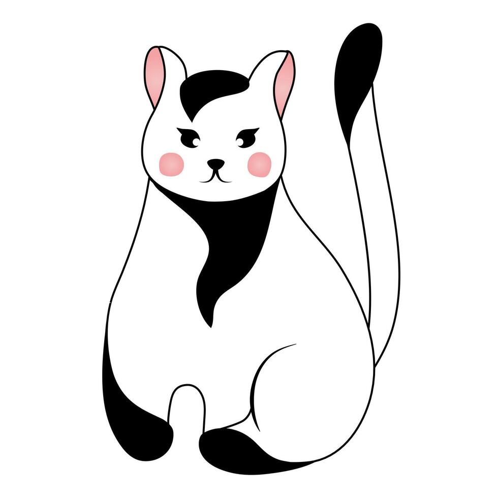 Cute black and white cat isolated on white background. Vector illustration for children.