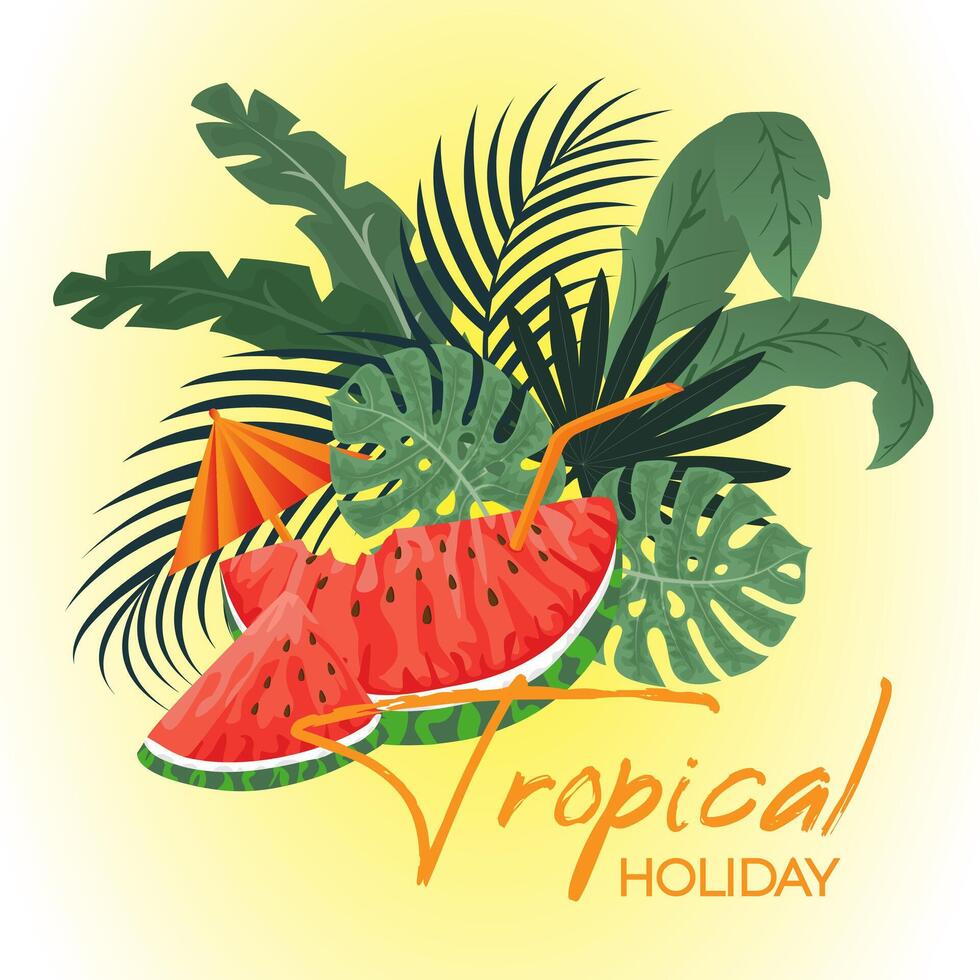 Summer composition with watermelon slice and tropical leaves. vector