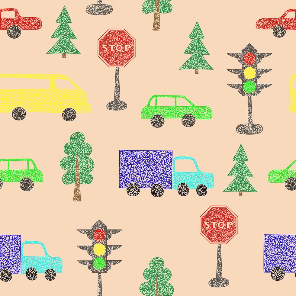 Seamless pattern with hand drawn cars on beige background in childrens naive style. vector