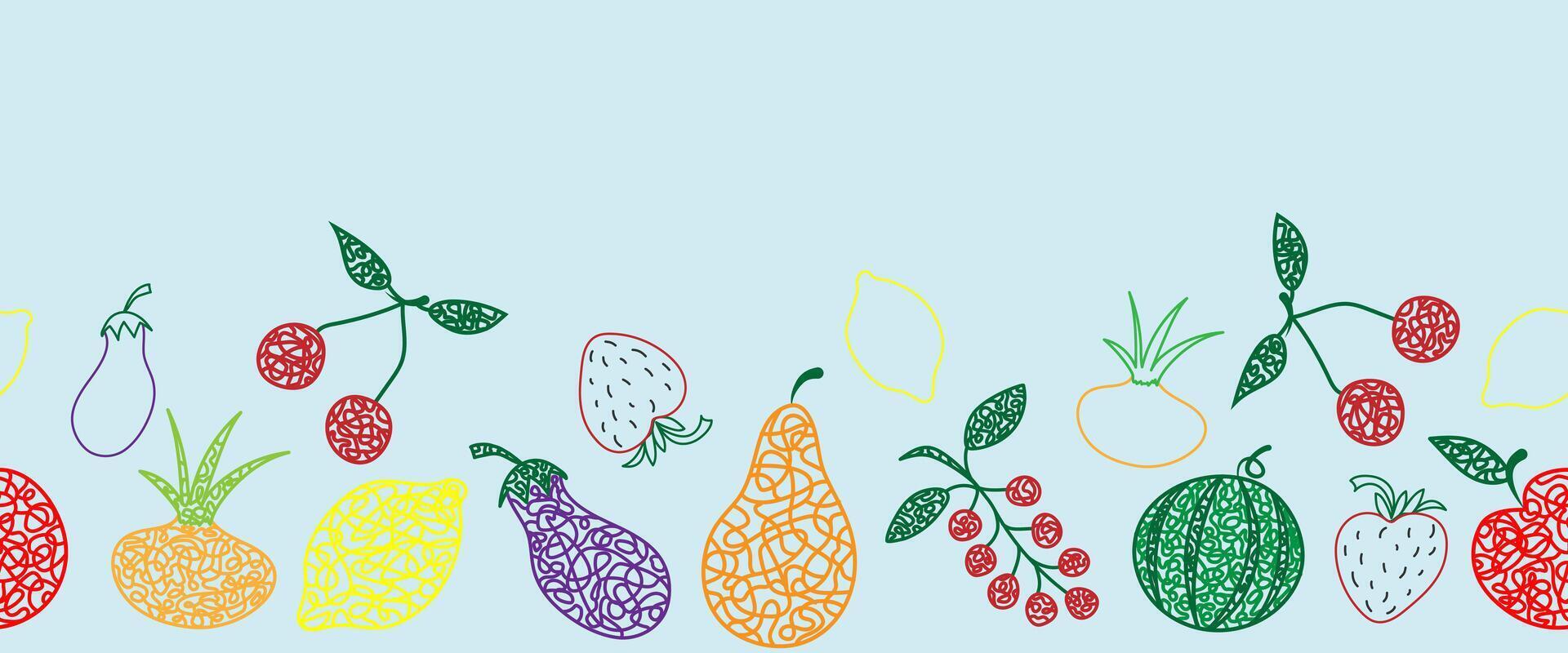 Seamless pattern border with hand drawn watermelon, cherry, apple, pear, lemon, strawberry, eggplant, currant, onion on blue background in childrens naive style. vector