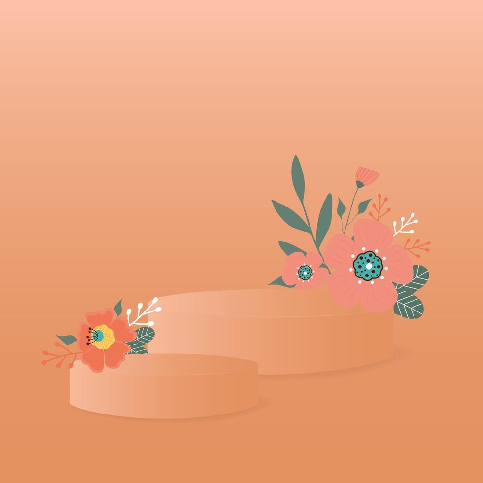 Abstract background in trendy color 2024 Apricot Crush with flowers and  two stands podium, pedestal. vector
