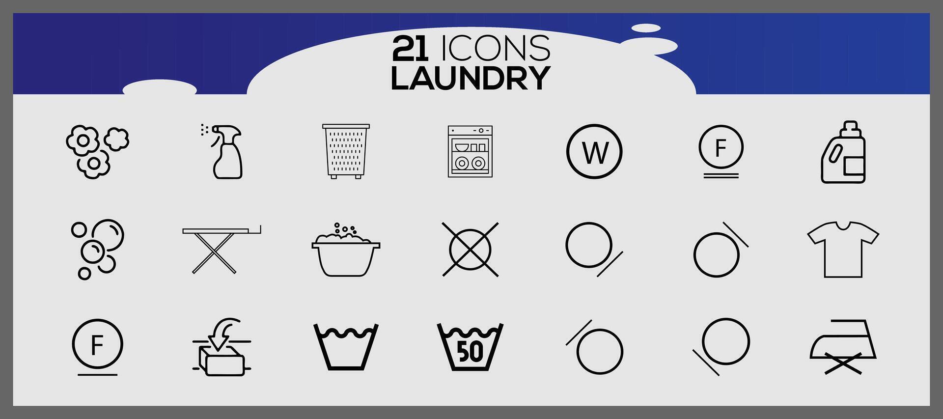 Washing icons and laundry symbols in flat style. Clean laundry and dryer service line icons. vector