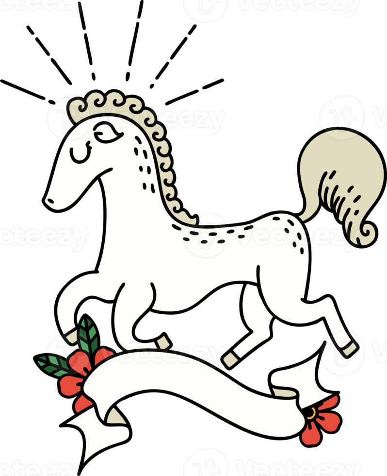 scroll banner with tattoo style prancing stallion png