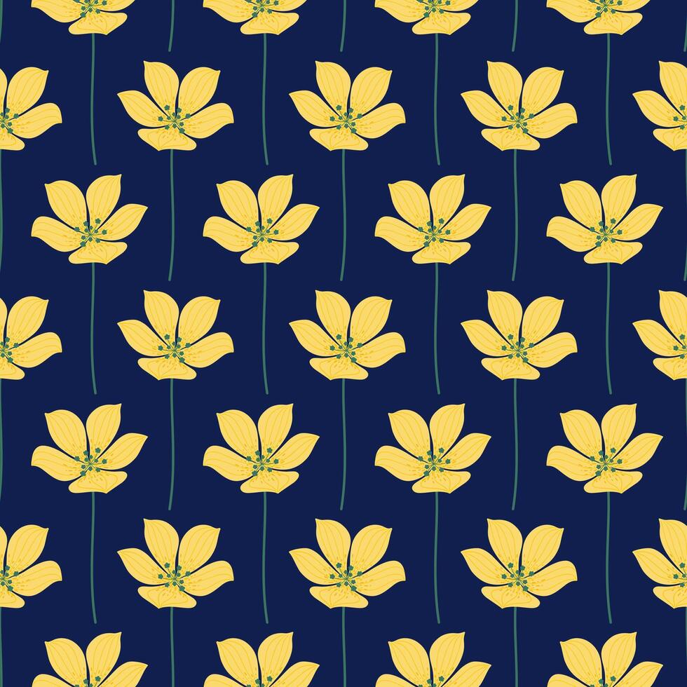 Yellow flowers on a dark background, seamless pattern. Summer bright floral vector illustration. Wildflower fabric, spring meadow botanical print