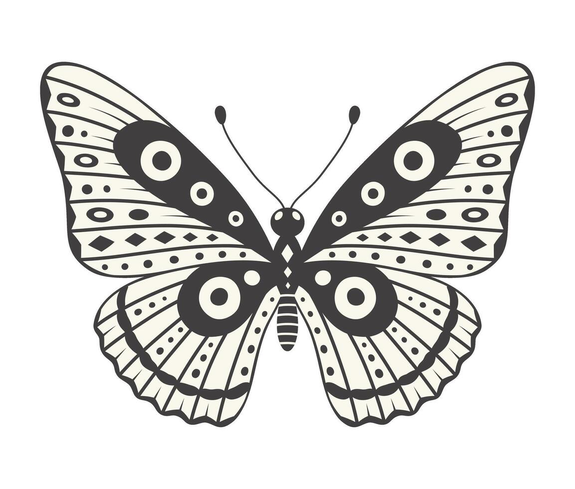 Butterfly illustration, vector. Y2k style aesthetic, wing shapes in front view, a magic ornamental symbol with dots, lines, and rhombus pattern. Black and white element, tattoo graphic print vector
