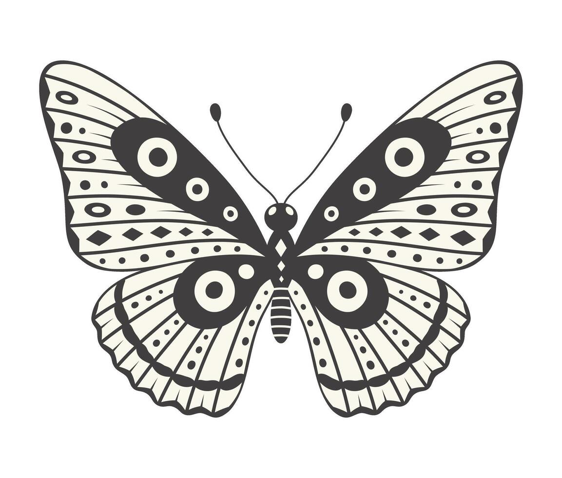 Butterfly illustration, vector. Y2k style aesthetic, wing shapes in front view, a magic ornamental symbol with dots, lines, and rhombus pattern. Black and white element, tattoo graphic print vector