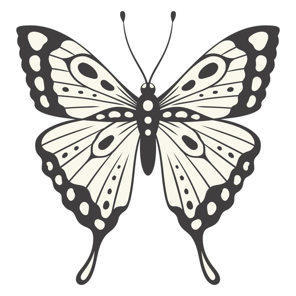 Butterfly illustration, vector. Y2k style aesthetic, wing shapes in front view, a magic ornamental symbol with pattern. Black and white element, tattoo graphic print vector