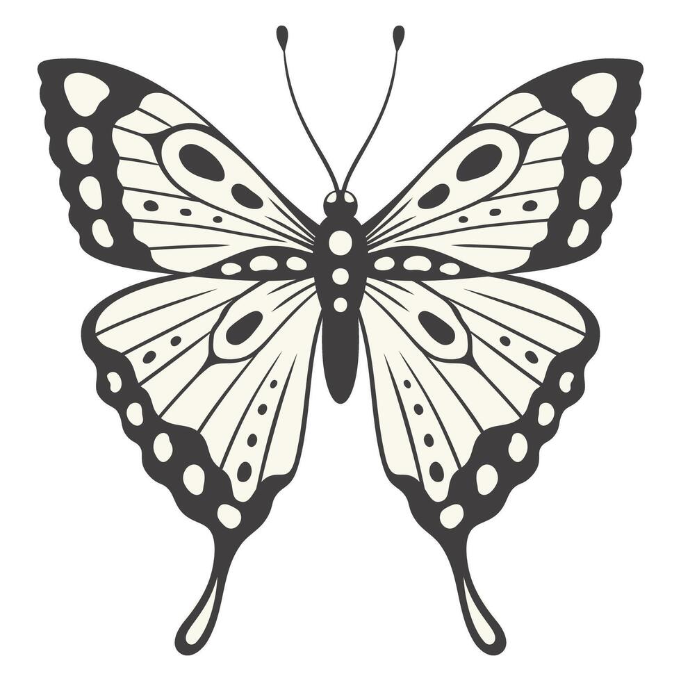 mariposa ilustración, vector. y2k estilo estético, ala formas en frente vista, un magia ornamental símbolo con modelo. negro y blanco elemento, tatuaje gráfico impresión vector