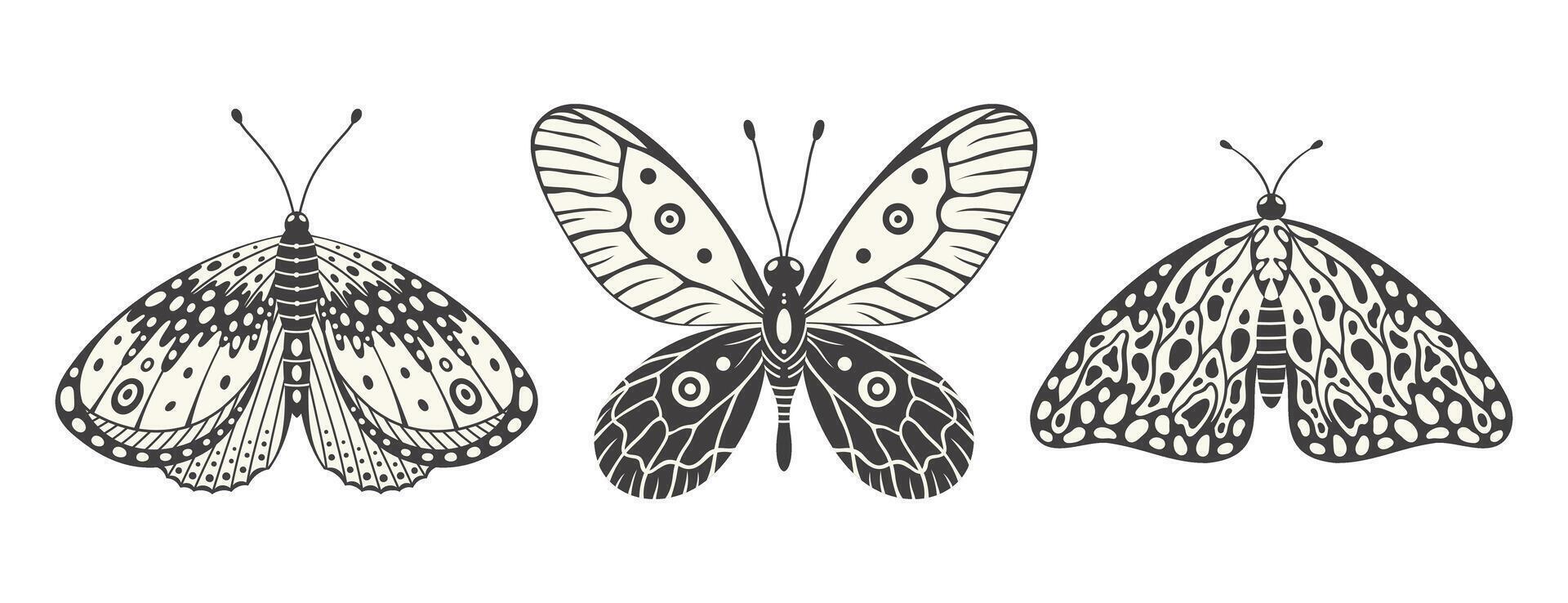 Butterfly and moth set, vector. Y2k style aesthetic, wing shapes in front view, magic symbols collection, abstract illustration. Three black and white elements, tattoo graphic print vector