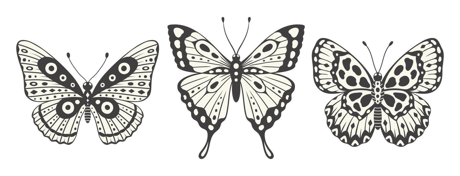 Butterfly set, three elements, vector. Y2k style aesthetic, wing shapes in front view, magic symbols collection, abstract illustration. Black and white tattoo print vector