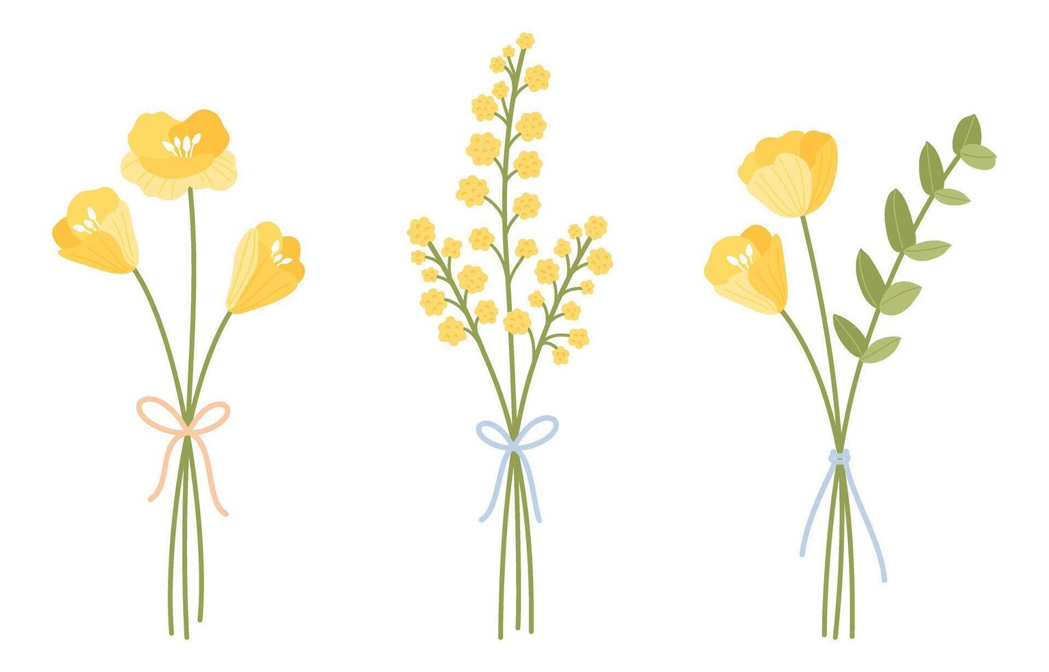 Wildflower bouquets, tied with ribbon. Set of floral vector illustrations. Gentle flowers, meadow herbs, and wild plants for design projects