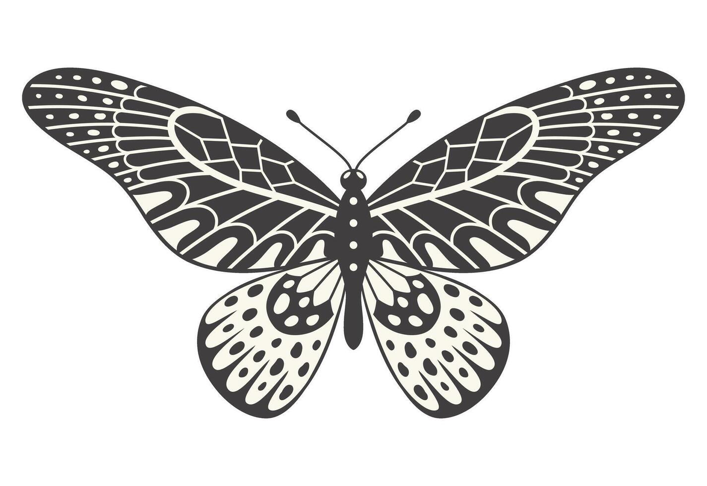Butterfly illustration, vector. Y2k style aesthetic, wing shapes in front view, a magic ornamental symbol. Black and white element, tattoo graphic print with abstract pattern vector