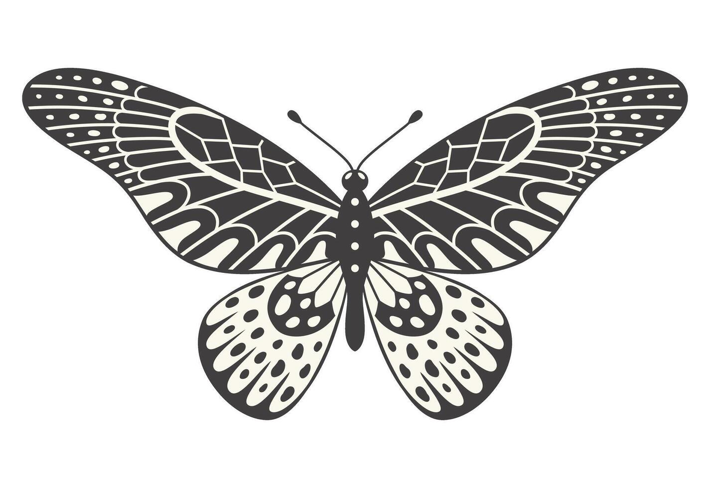 Butterfly illustration, vector. Y2k style aesthetic, wing shapes in front view, a magic ornamental symbol. Black and white element, tattoo graphic print with abstract pattern vector