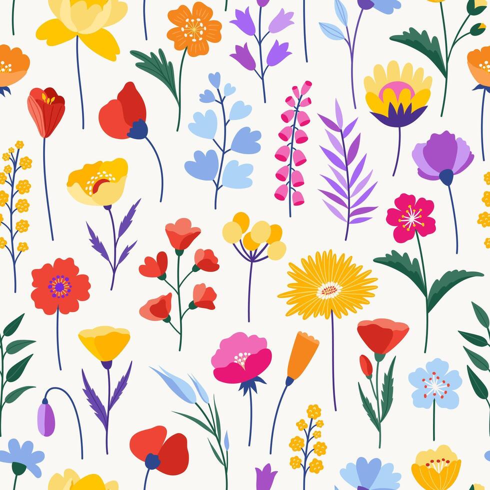 Seamless pattern with colorful wildflowers on a white background. Meadow herbs and flowers. Floral summer vector illustration. Bright spring botanical background, modern style design