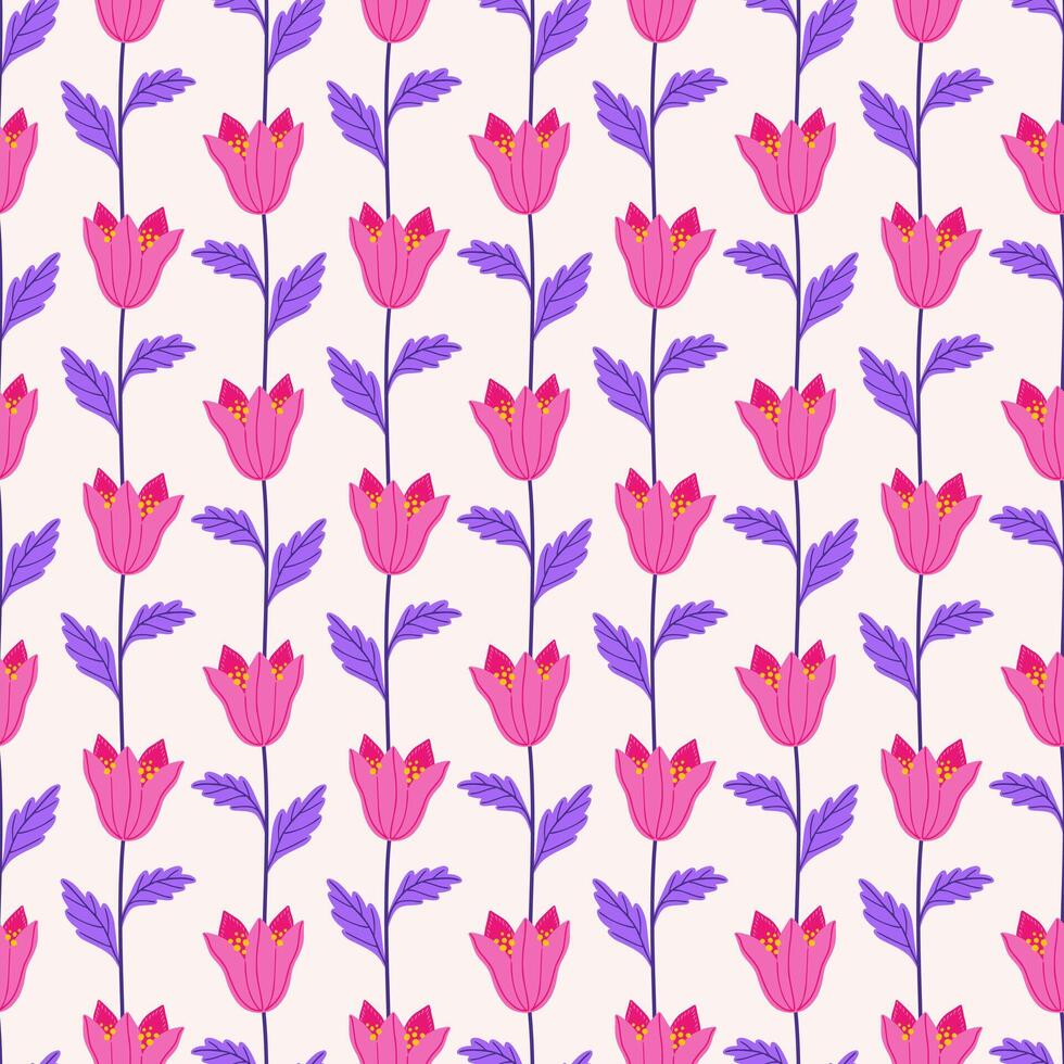 rosado campo campanas con Violeta hojas en un beige fondo, sin costura modelo. verano floral vector ilustración. primavera prado botánico imprimir, flor silvestre fondo de pantalla, tela. moderno estilo diseño