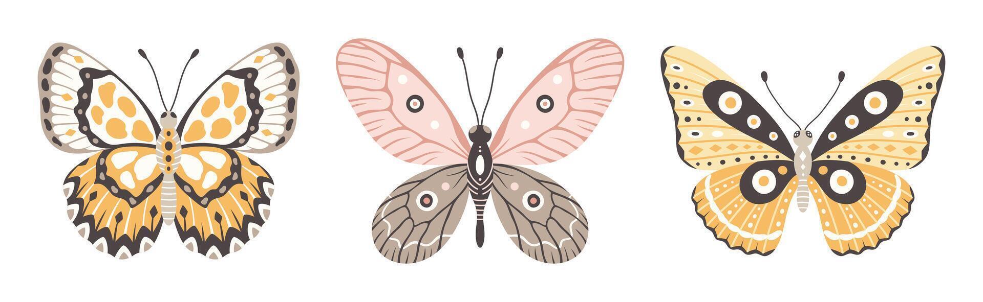 mariposa colocar, Tres elementos, vector ilustración. vistoso alas con resumen ornamento, frente vista, un símbolo para tatuaje diseño. verano fondo, mosca insecto