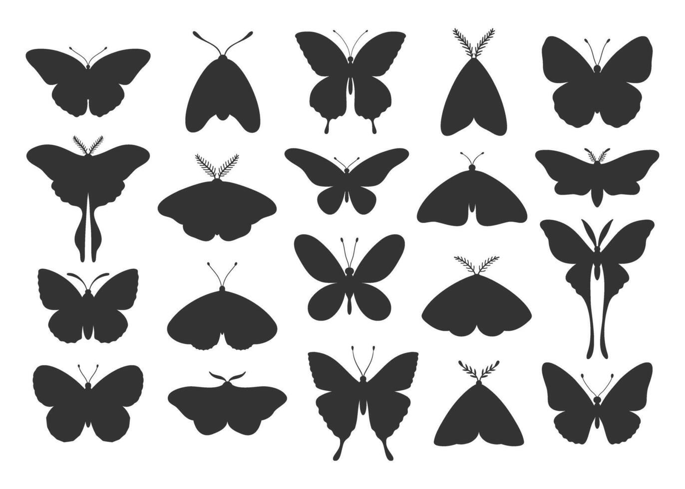 mariposa siluetas, grande colocar. negro alas mariposas y polillas vector ilustración, tatuajes, insecto sencillo íconos