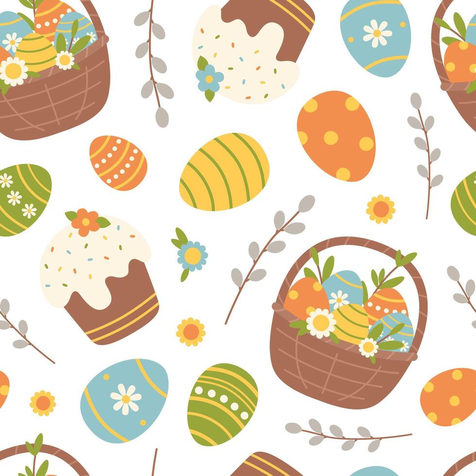 Seamless pattern with easter cake, basket, willow, eggs and flowers. Colorful holiday background. Vector flat illustration on white