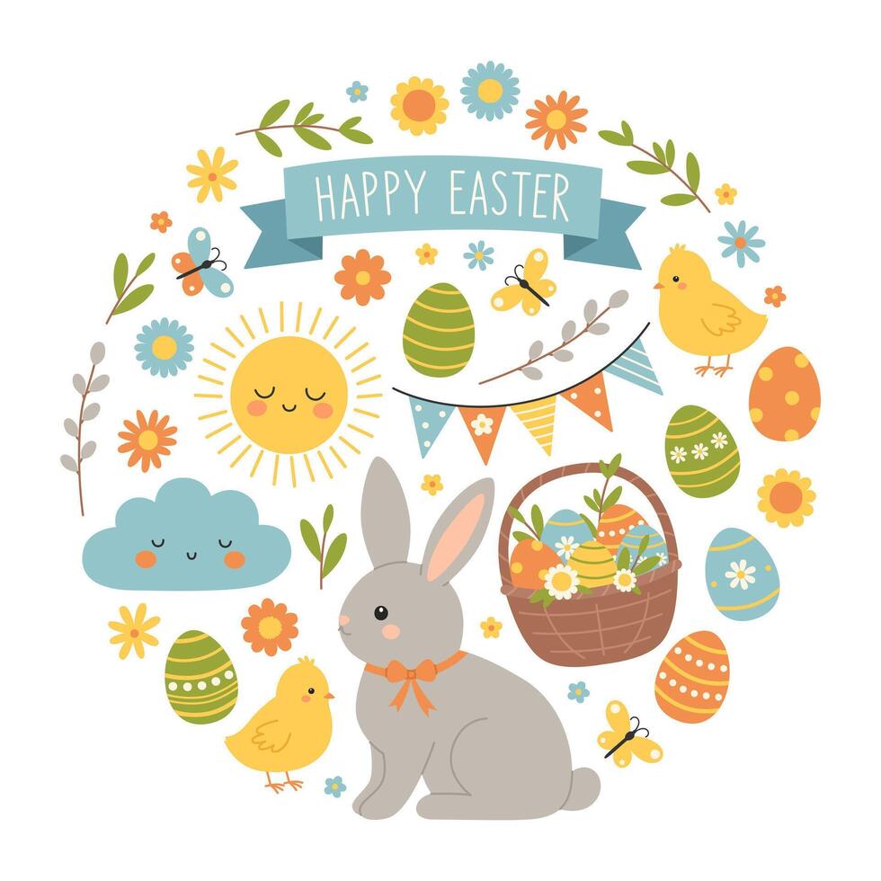 Easter spring elements set in circular shape. Rabbit, chicken, eggs, basket, flowers, butterflies. Cute holiday collection. Vector flat illustration on white background