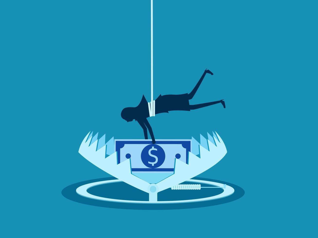 Money and risk. Businesswoman accessing banknotes in a trap. vector