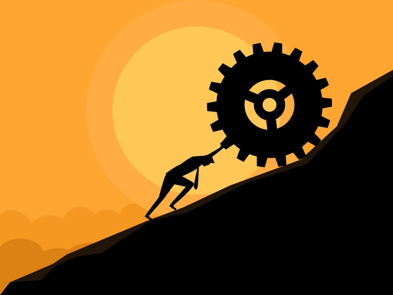 businessman pushes the gear up the hill vector
