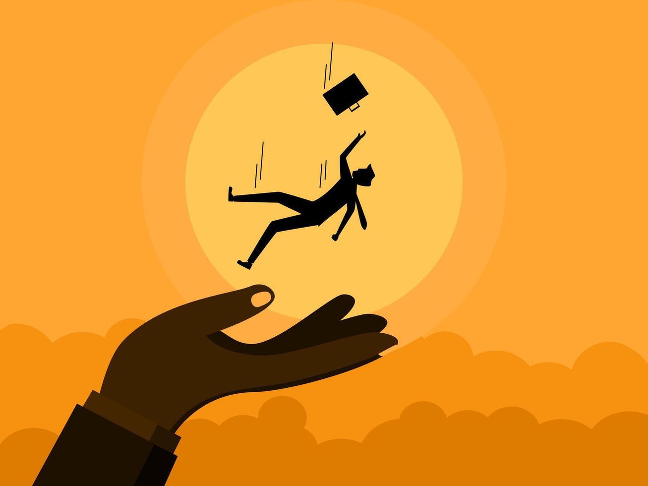 big hand supports a small businessman who falls from the sky vector