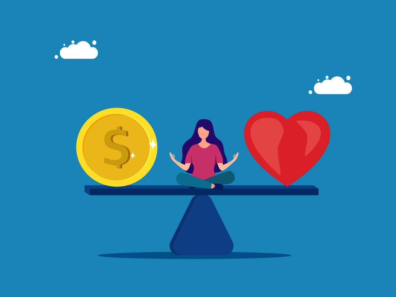 meditating on seesaw, balancing money and heart vector