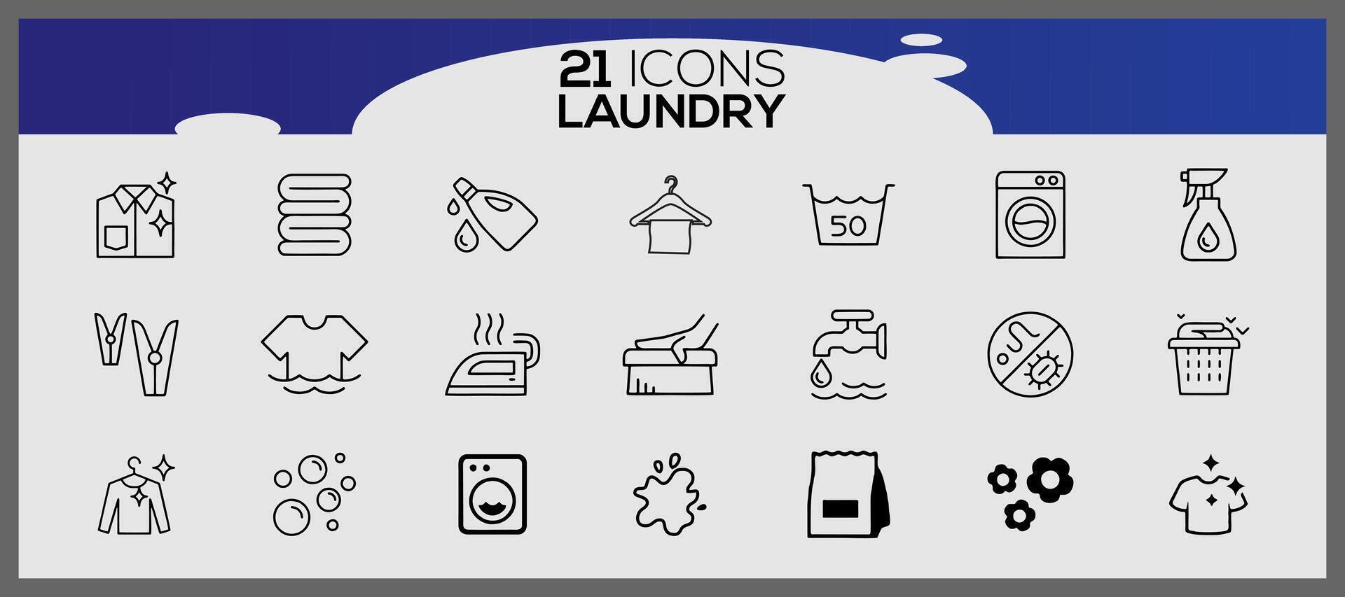 Washing icons and laundry symbols in flat style. Clean laundry and dryer service line icons. vector