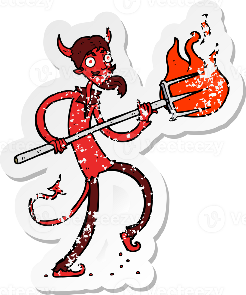 retro distressed sticker of a cartoon devil with pitchfork png