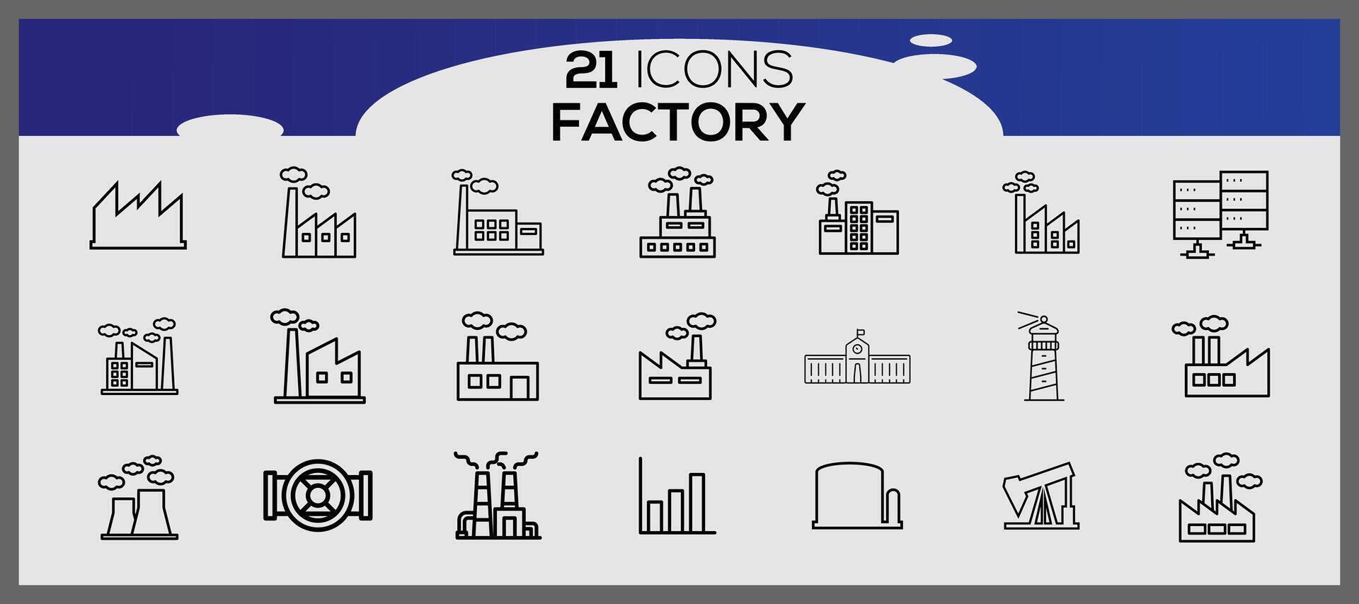 Factory icon pack, with outline icon style. Industrial buildings flat icon set. Plants and factories stickers icon set. vector
