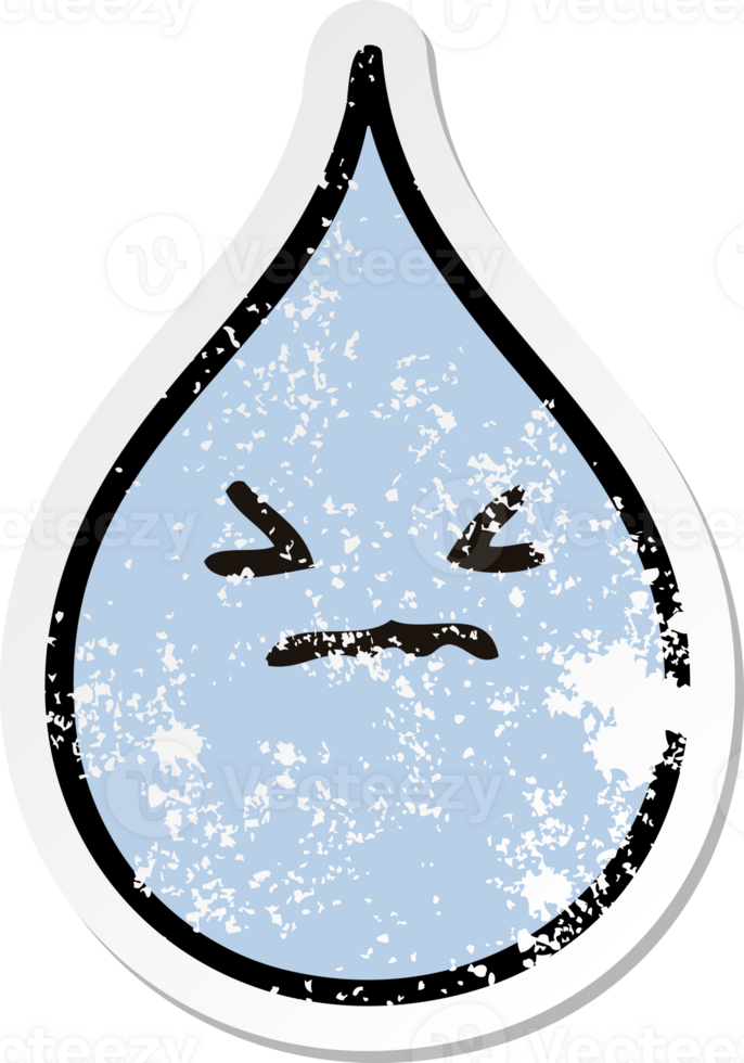 distressed sticker of a quirky hand drawn cartoon emotional rain drop png