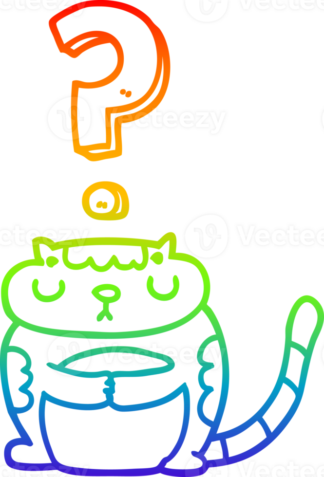 rainbow gradient line drawing of a cartoon cat with question mark png