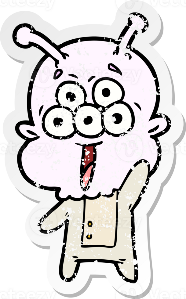 distressed sticker of a happy cartoon alien png