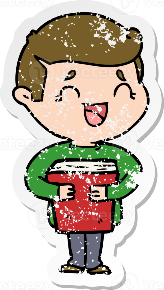 distressed sticker of a cartoon laughing man holding book png