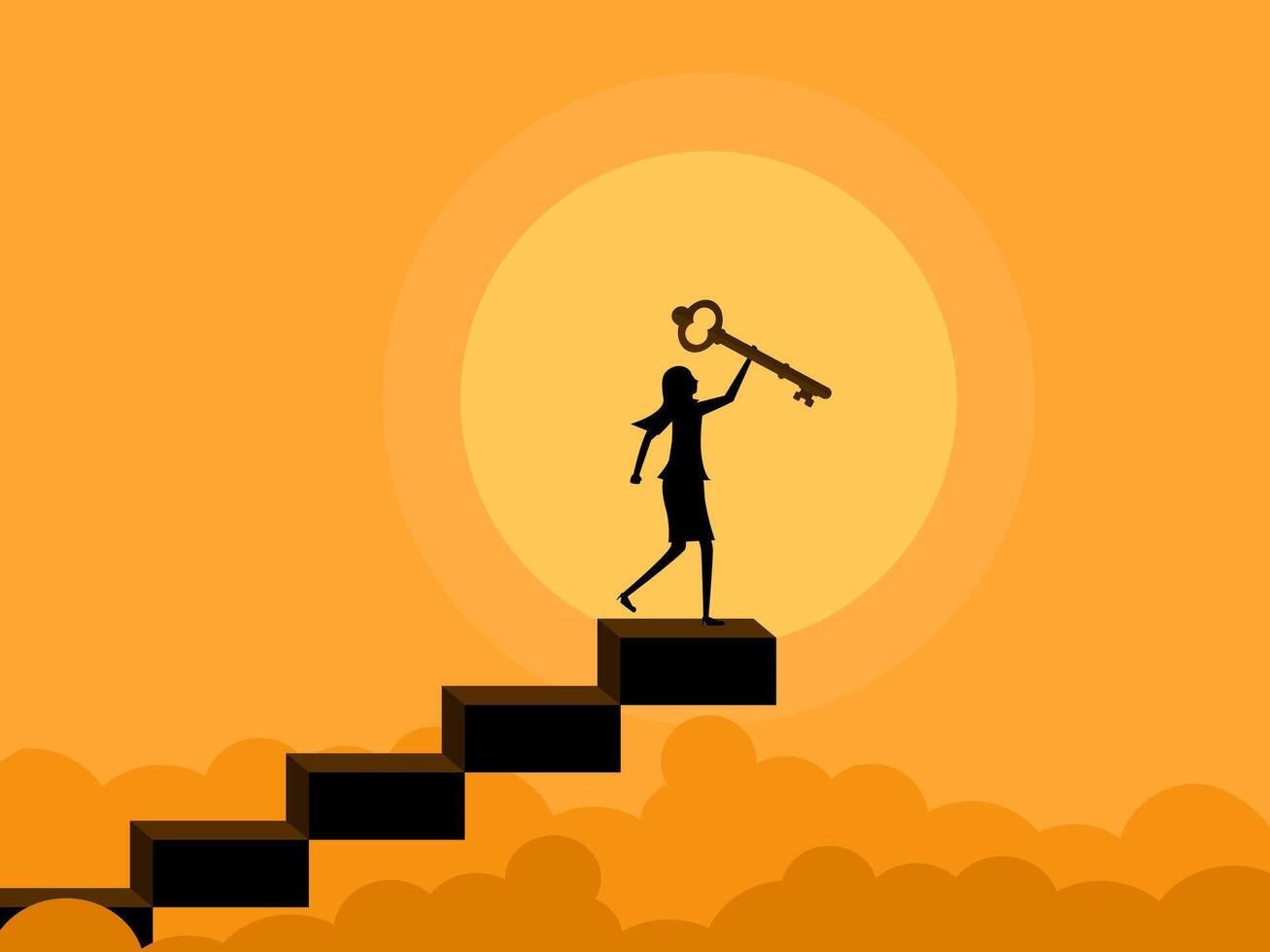 mujer de negocios en pie en el escalera agarrando el llave a éxito vector
