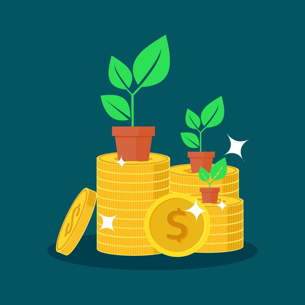 Plants in pots are on a pile of coins. The concept of financial growth vector