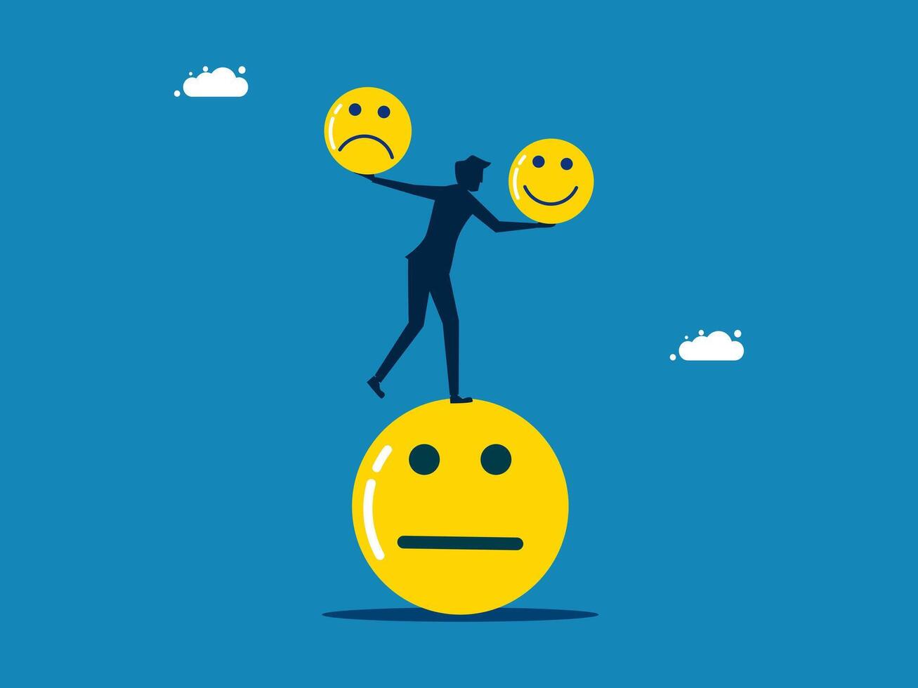 Emotional intelligence. conscious man balances a smile and a sad face vector