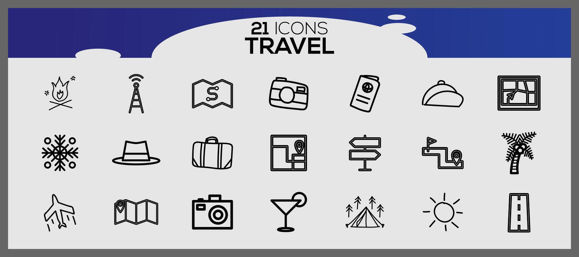 íconos conjunto acerca de viaje elementos. vacaciones y viajar, verano fiesta viaje icono colocar. vector