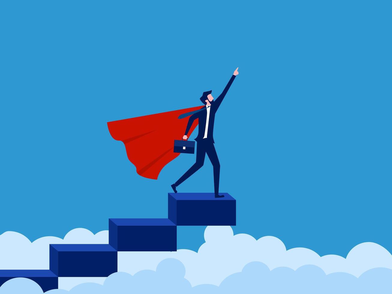 Smart business hero standing on the top of the stairs. Vector