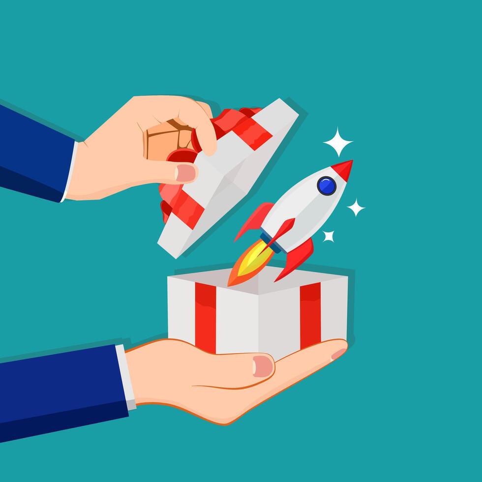 businessman opens a gift box with a rocket. Ideas vector