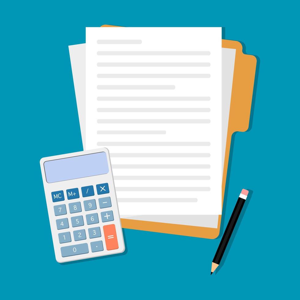 Calculator and pencil along with documents vector