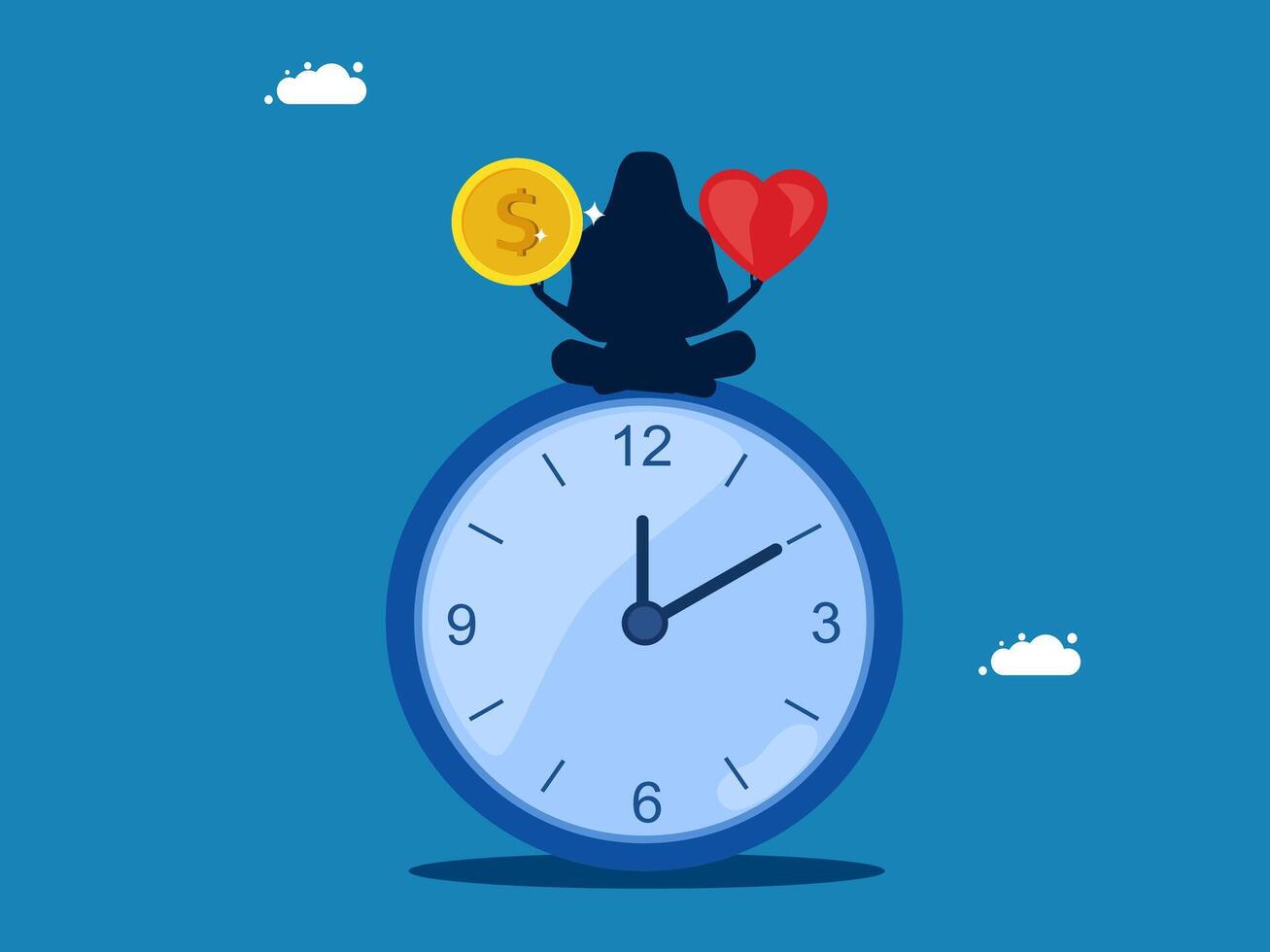 Focus and time management. Businesswoman balancing work and life meditating on the clock vector