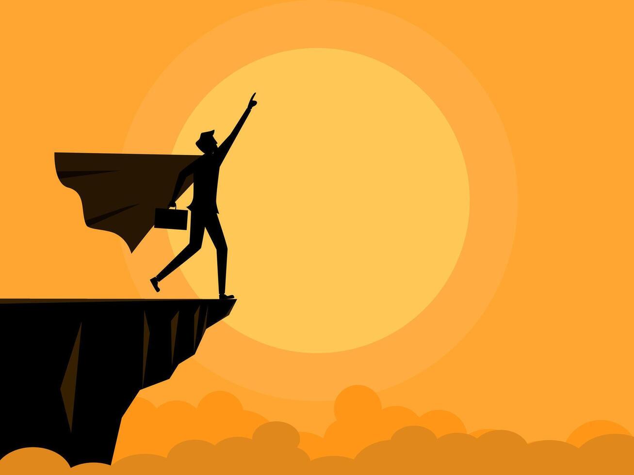 Confident businessman hero standing on cliff vector