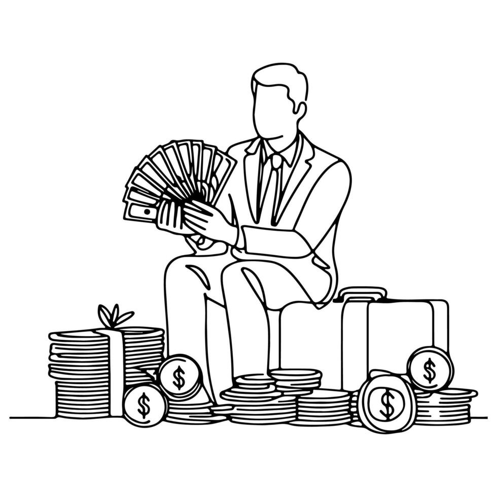 continuous one line businessman displaying a spread of us dollar cash, holding money to showing doodle vector illustration on white background