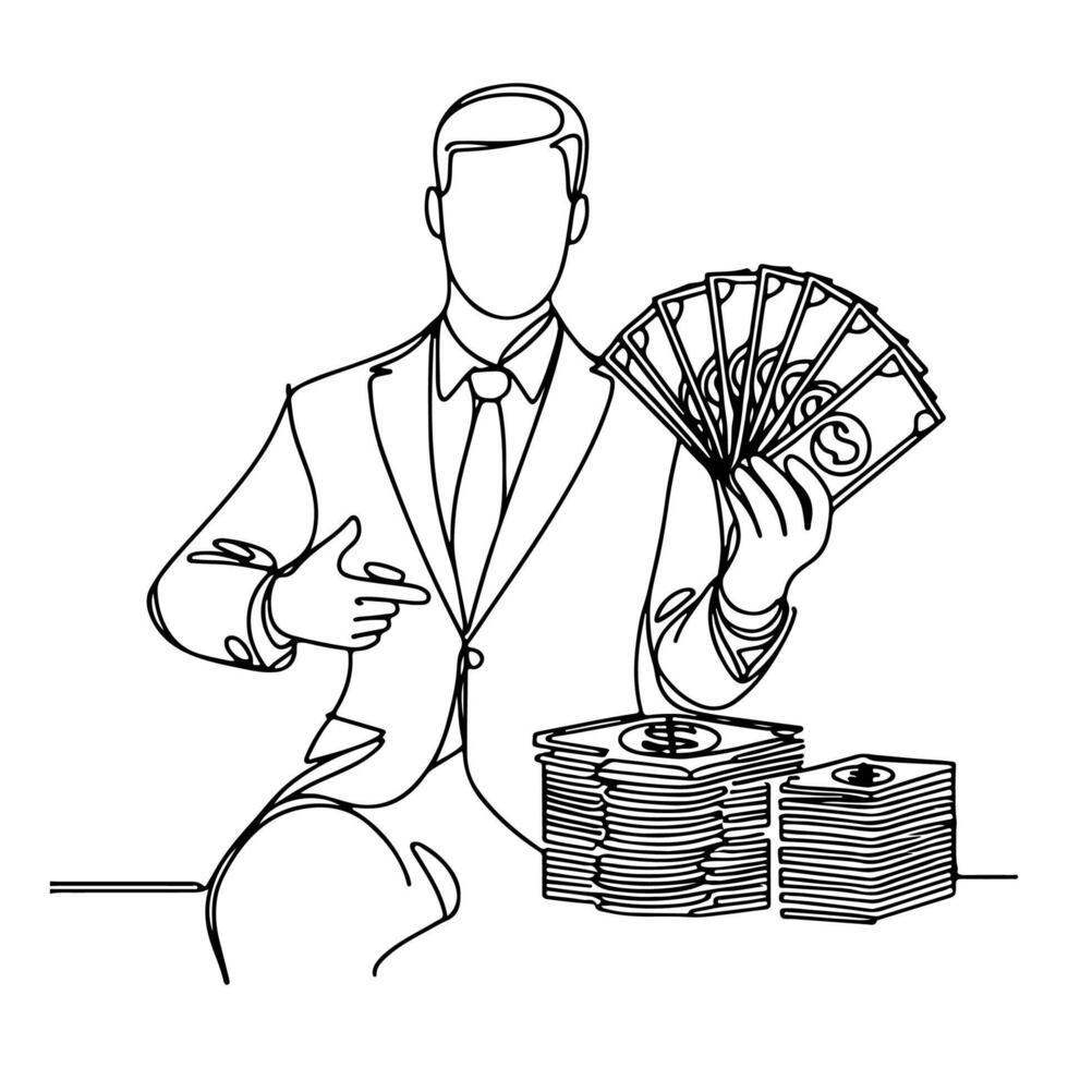 continuous one line businessman displaying a spread of us dollar cash, holding money to showing doodle vector illustration on white background