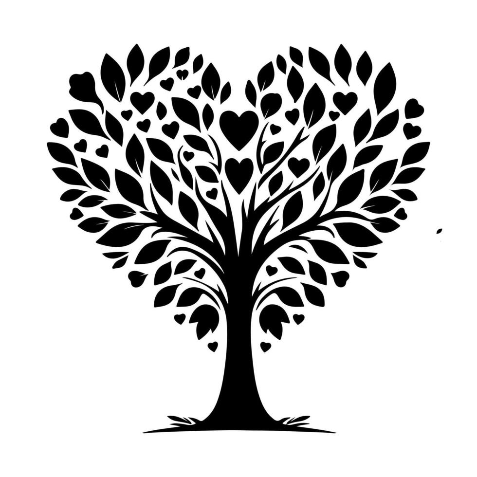 Black love tree with heart leaves. hand draw Valentine tree silhouette clip art isolated on white background, vector illustration