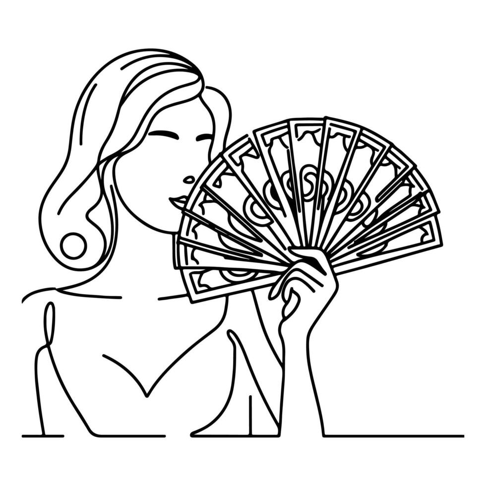 continuous one line girl holding money fan against her face doodle vector illustration on white background