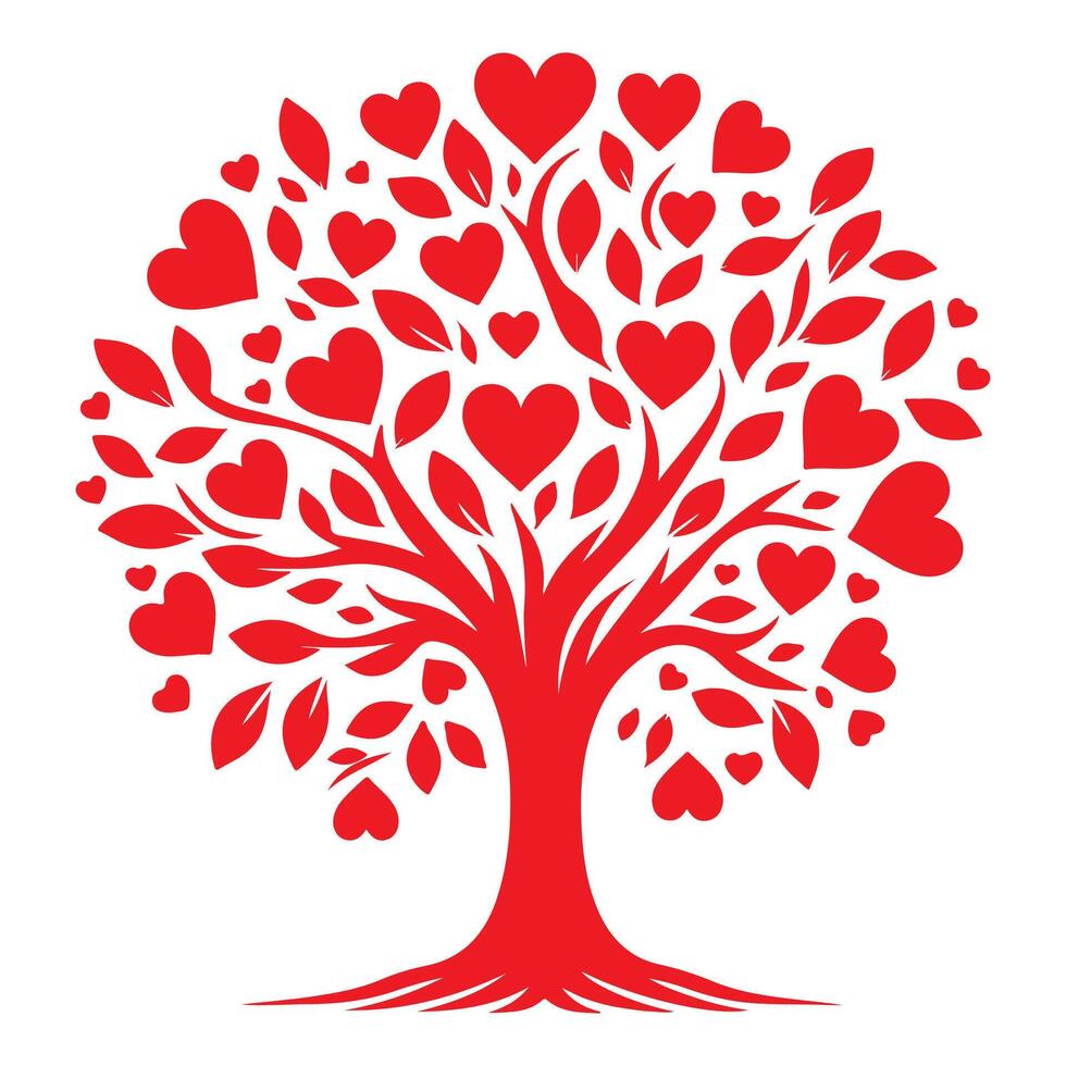 red love tree with heart leaves. hand draw Valentine day tree silhouette clip art isolated on white background, vector illustration