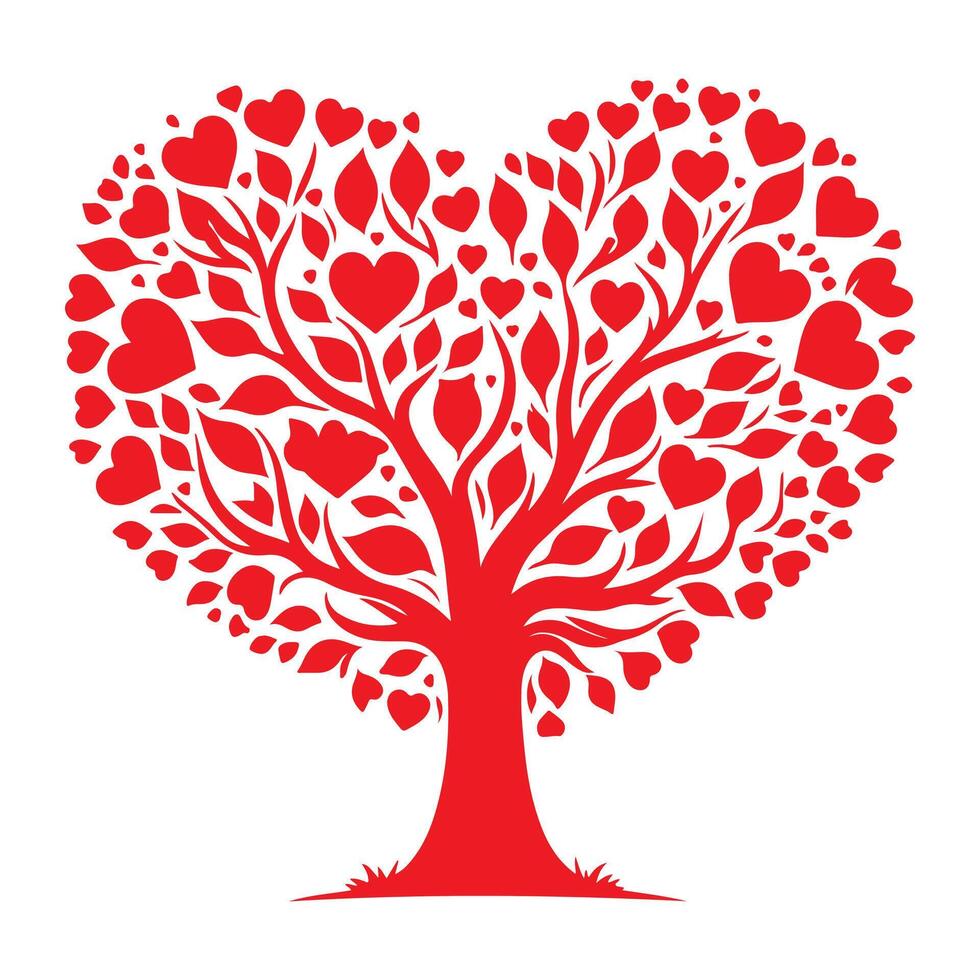 red love tree with heart leaves. hand draw Valentine day tree silhouette clip art isolated on white background, vector illustration