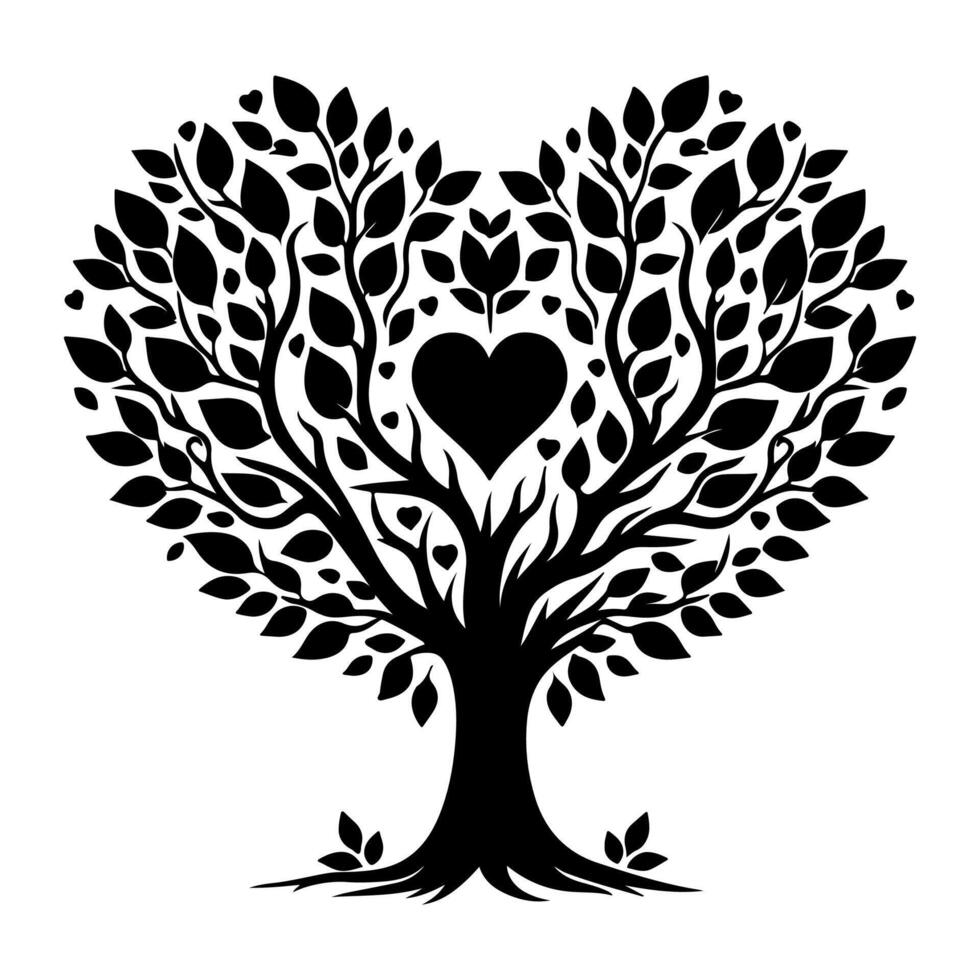 Black love tree with heart leaves. hand draw Valentine tree silhouette clip art isolated on white background, vector illustration